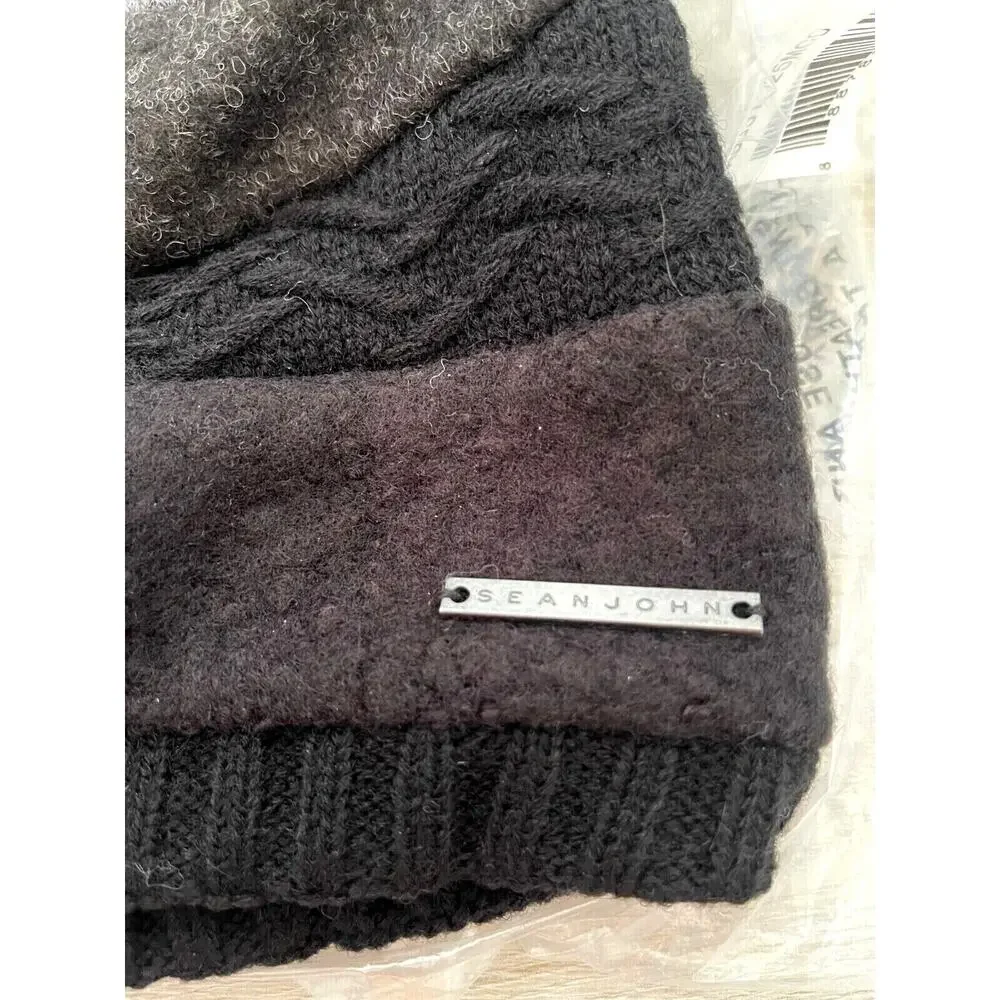 Sean John Mixed Media Wool Pom Stripe Beanie Macy's Exclusive Hat - Black - $32